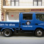 Dive Trucks - One of our vehicles parked outside Corsair Dive shop in Malta