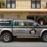 Dive Trucks - One of our vehicles parked outside Corsair Dive shop in Malta