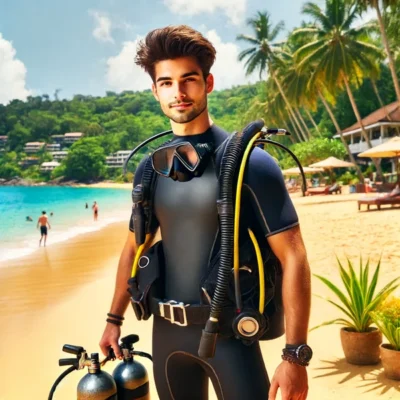 A young male divemaster in Phuket, Thailand, working on a beach. He is wearing a wetsuit, carrying diving gear such as an oxygen tank and fins
